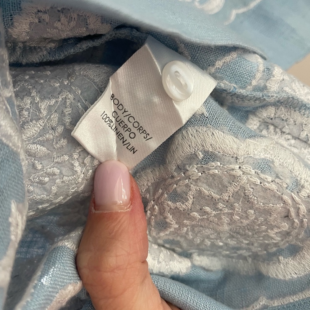 ASHA Ashley McCormick Light Blue Embroidered Linen Minnie Dress Medium - Picture 6 of 6